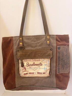 Myra Bag Brown Canvas Utility Tote with Military Tag Detail